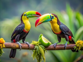 Fototapeta premium Vibrant keel-billed toucan perched on a lush green branch in Costa Rican rainforest feeds ripe banana to its mate or chick in tender moment.