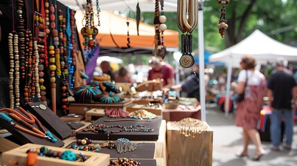 Naklejka premium Artisan vendors showcase handmade crafts and jewelry at the weekend street fair, attracting visitors.