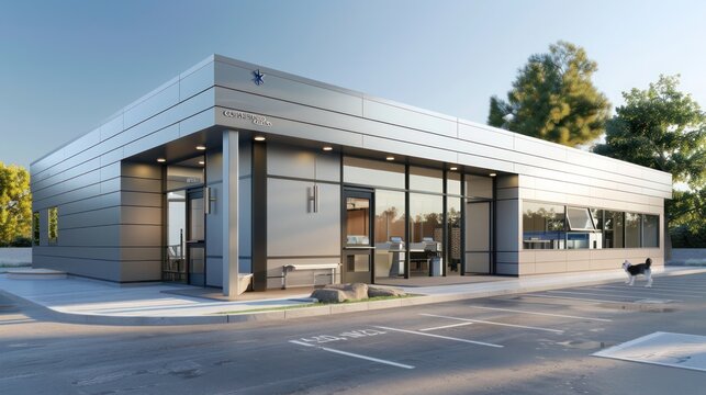 modern veterinary clinic with sleek, hygienic aluminum siding, designed to provide a clean and inviting environment for pets and their owners
