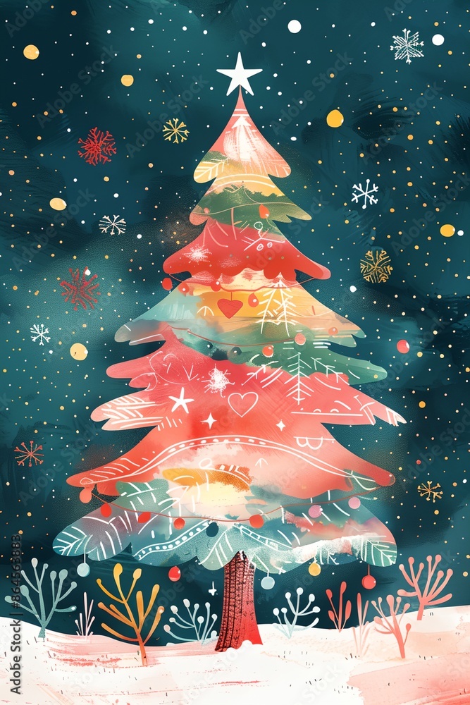 Poster a colorful christmas tree with a star on top and snowflakes around it. the tree is surrounded by a s