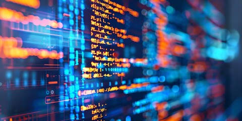 A computer screen with a lot of code on it. The colors are bright and the lines are blurry. Concept of complexity and confusion, as the code appears to be jumbled and difficult to decipher