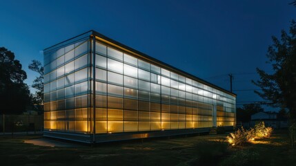 Obraz premium night-time scene of a warehouse converted into a loft, its exterior illuminated and made entirely of aluminum siding