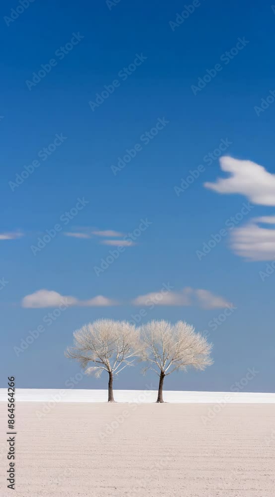 Poster two trees covered with frost stand on a snow-covered field under a bright blue sky with small clouds