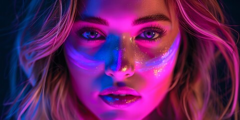 a woman with a neon make up and paint on her face, with a blue and pink background