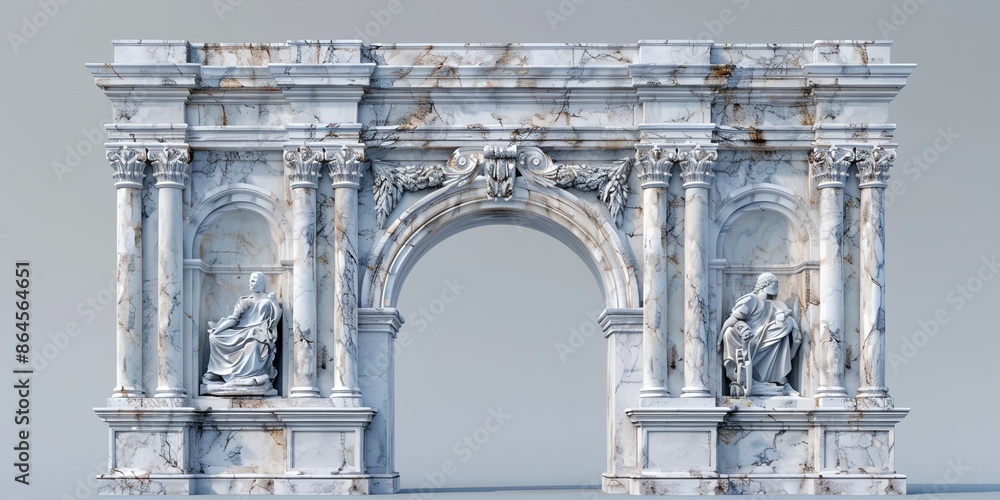 Poster a large archway with statues of two men on either side. the archway is made of marble and he is very