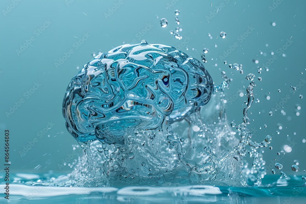 Poster a brain is floating in a pool of water, with water splashing around it. concept of fluidity and move