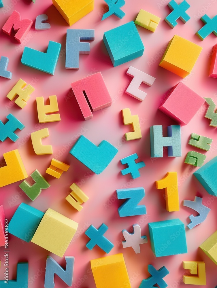 Aufkleber A vibrant image showcasing a variety of colorful letters and numbers scattered across a pink background, ideal for social media monitoring and content analysis. Generative AI