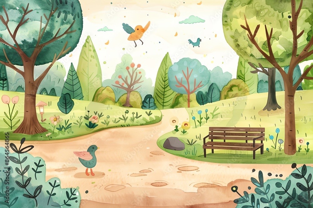 Poster A park scene with a duck walking on a path. The duck is surrounded by trees and flowers