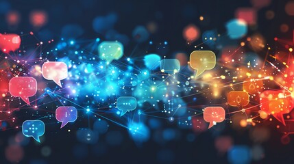 Abstract glowing social media chat icons on a dark background. Concept of communication, social network, conversation, technology, digital world.