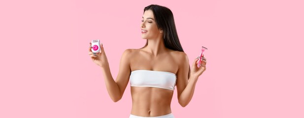 Young woman with epilator and razor on pink background