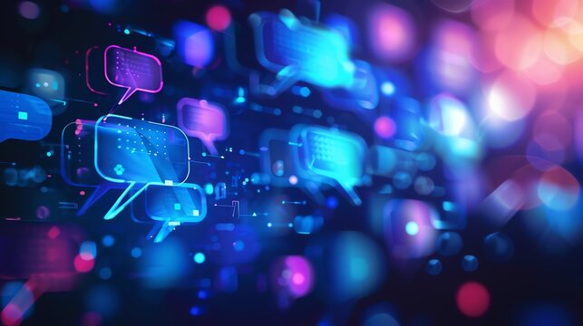 Neon blue and pink glowing social media icons and speech bubbles on dark background. Concept of online communication, digital community, and social networking.