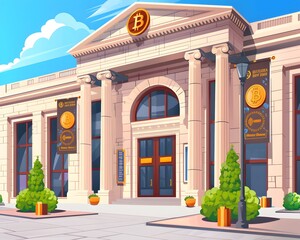 Obraz premium The Future of Finance : A cartoon illustration of a bank building with a Bitcoin symbol on top. The bank building is surrounded by dollar bills and gold coins.