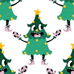 Cartoon Christmas tree seamless pattern for wrapping paper and fabrics