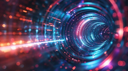 Obraz premium Abstract futuristic technology background with glowing neon lights, digital tunnel and bokeh effects. Concept of AI, big data, cybersecurity, metaverse, and innovation.