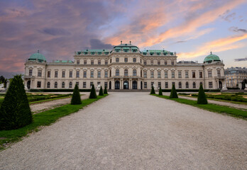 Vienna, Austria, August 18, 2022. Iconic shot of the Belvedere Palace, a fairytale atmosphere with the gardens and the avenue in perspective. Travel destinations. No people.