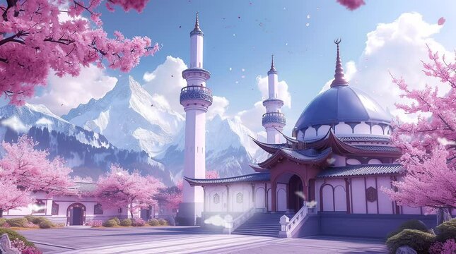 Scenic view of mosque and sakura tree with majestic mountains in the background. Cultural harmony.
 Seamless looping 4k time-lapse virtual video animation background. Generated AI