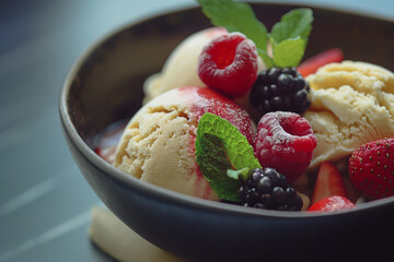 Gourmet ice cream bowl with exotic flavors garnished with fresh fruits and mint leaves