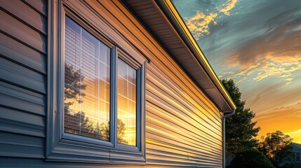 scenic suburban house covered in sleek aluminum siding, reflecting the golden hues of a sunset, emphasizing its weather-resistant properties