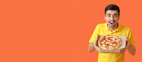 Surprised handsome man with tasty pizza on color background