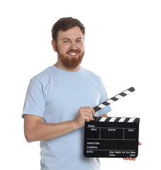 Making movie. Smiling man with clapperboard on white background