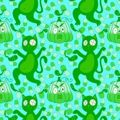 Halloween animals seamless cats and pumpkins pattern for wrapping paper