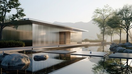 Obraz premium serene view of a modern meditation center, its simple lines and reflective aluminum siding creating a calm environment