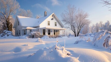serene winter scene where a cottage with aluminum siding glistens under freshly fallen snow