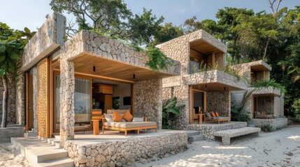 series of beachfront bungalows with coral stone walls, designed to naturally cool the interiors and withstand the coastal climate