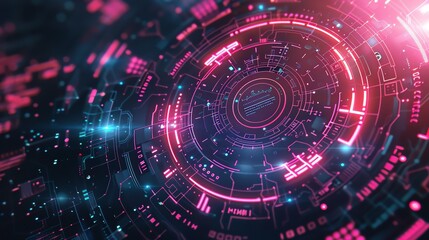 Fototapeta premium Futuristic Technology Abstract Background. Glowing pink and blue digital interface with data processing and circuits. Concepts. AI, cybersecurity, innovation.