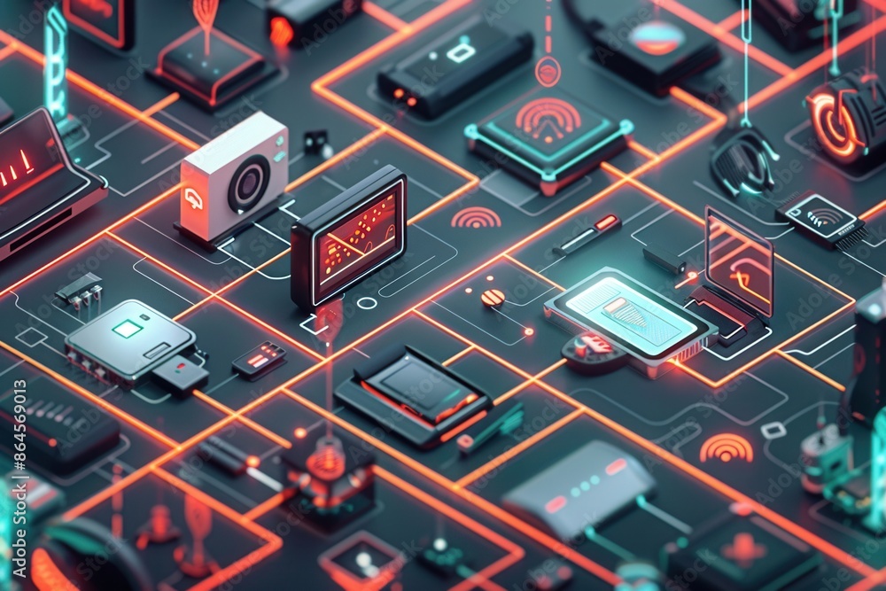 Poster a close-up illustration of a network with various devices, including routers, modems, and smart home
