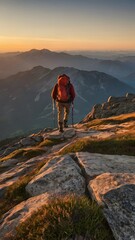 Obraz premium Man Standing Triumphantly on Mountain Peak: Epic Landscape Photography