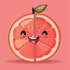 A happy, cartoon-style grapefruit with a big smile and a green leaf.