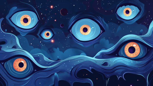 background with stylized eyeballs featuring minimal detail, floating in space against a dark backdrop to create a spooky and abstract Halloween theme