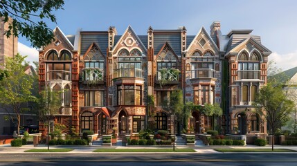 Obraz premium series of townhouses with intricately patterned brick facades, each unit featuring a different historical design, providing a walk-through history of architectural styles