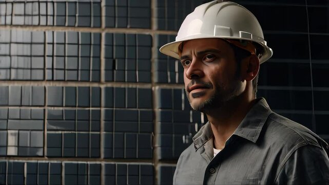 a construction worker clad in a beige shirt and white cap meticulously arranges dark grey ceramic tiles