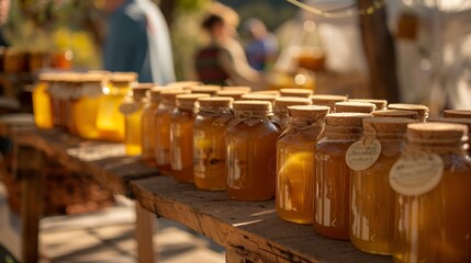 Honey fair. There are many jars of honey on the shelf