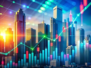 Colorful illustration of a business candlestick graph chart with rising trend, overlaid on a cityscape background, representing financial growth and market success.