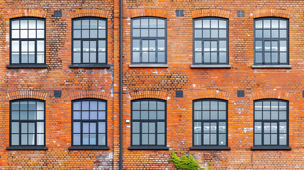 Fototapeta premium Brick building exterior. Red brick wall with windows. Architectural detail