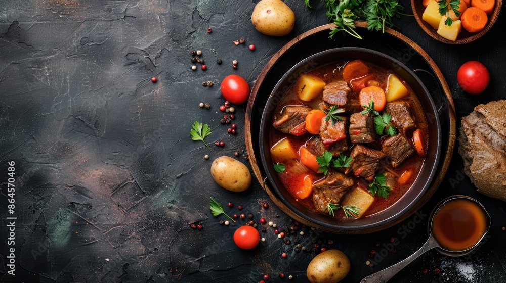 Aufkleber beef stew with potatoes and carrots in tomato sauce on dark background with space for text overhead 