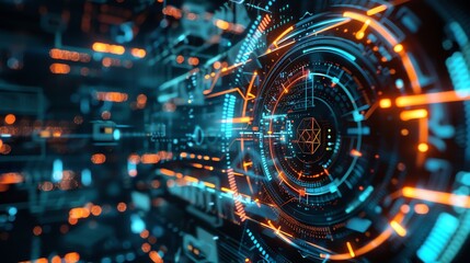 Fototapeta premium Futuristic digital interface with glowing neon lights and abstract data flow. Concept of big data, cybersecurity, artificial intelligence, and technology.