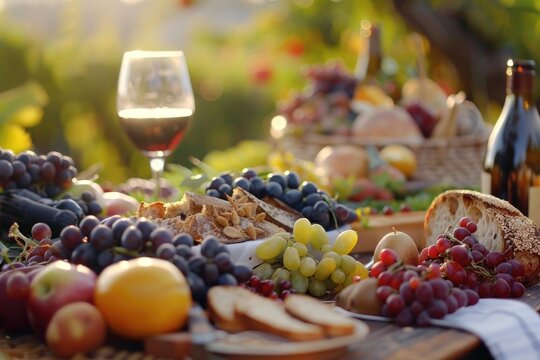 Food and wine table setting