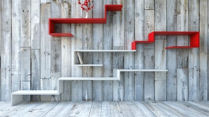 Contemporary vertical shelf on rustic white wooden wall