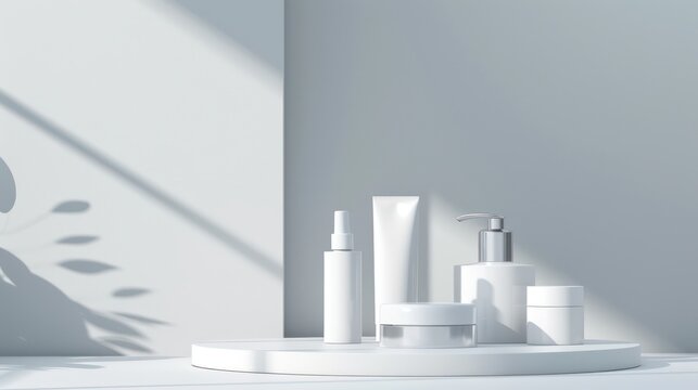 Minimalist white bathroom products on round platform