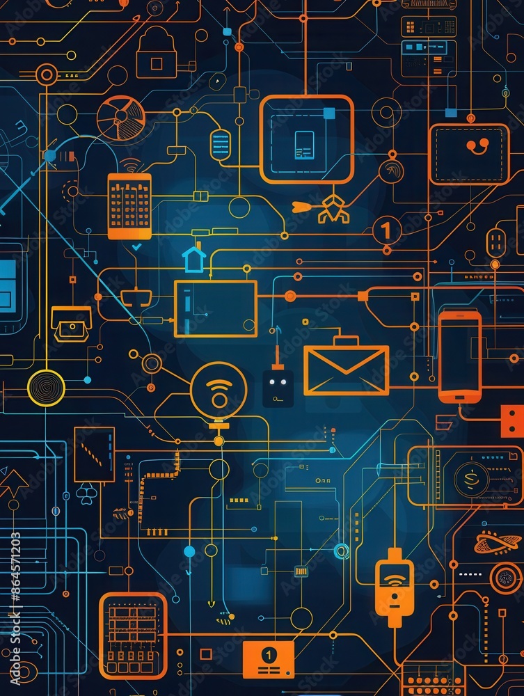 Aufkleber an abstract illustration depicting the interconnectedness of various smart home devices and network 