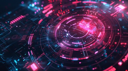 Obraz premium Futuristic Technology Background. Abstract Digital Interface with Glowing Lights and Circular Design. Perfect for tech, innovation, and cybersecurity themes.