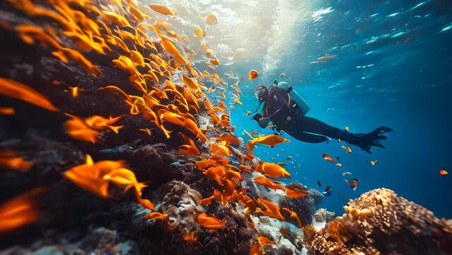 A diver in a diving suit swims underwater with fish and corals