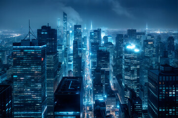 Night cityscape with skyscrapers and high-rise buildings. Concept of international business.