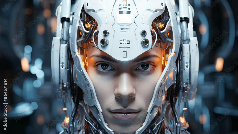 Poster connection of human woman and artificial intelligence robot. the concept of merging a person and a c