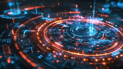 Futuristic Technology Background. Abstract Digital Interface With Glowing Circles, Data Streams, And Neon Lights.