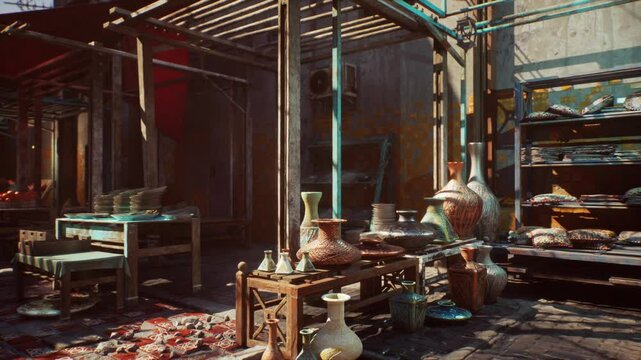 Empty old Oriental market at sunset, filled with numerous vases and various items.